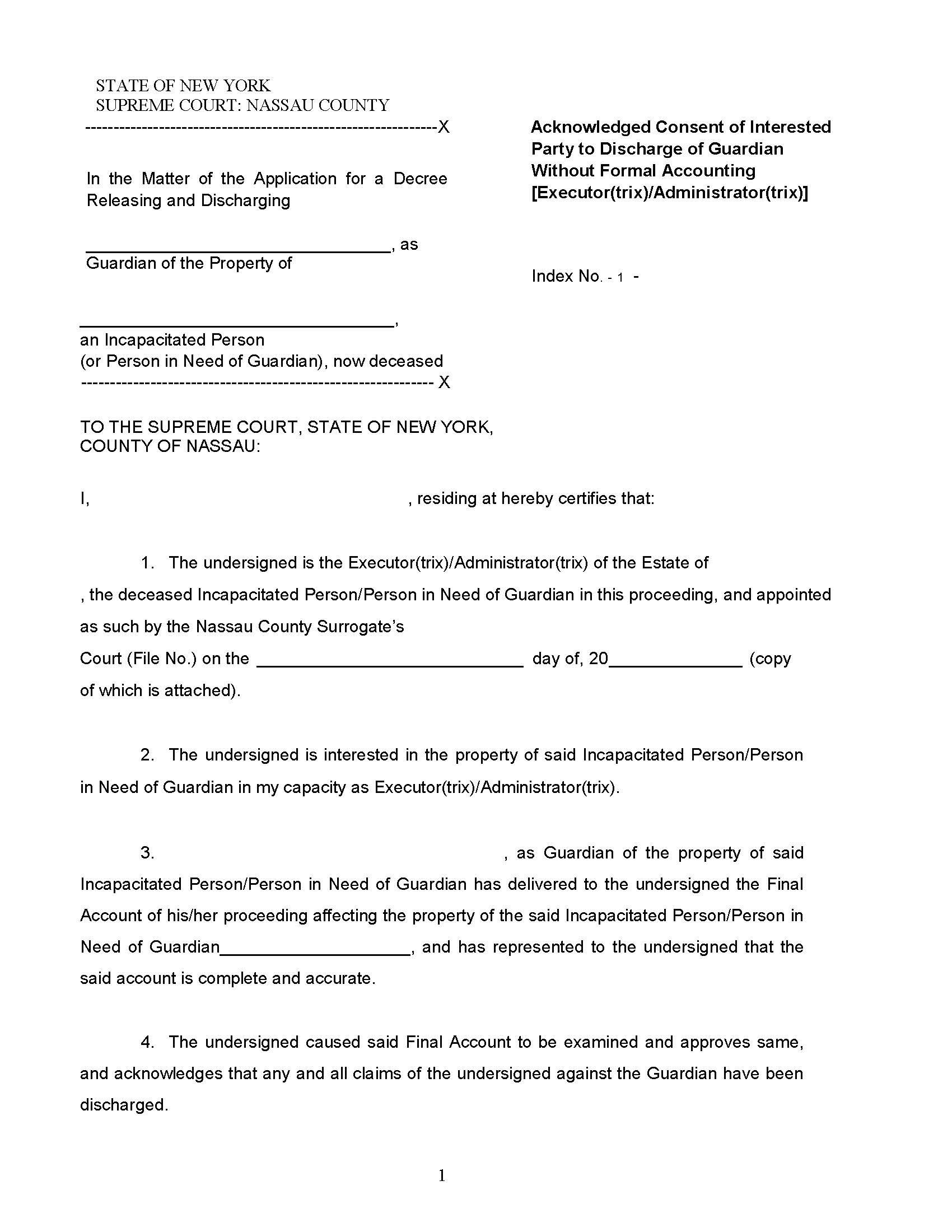 Acknowledged Consent Interested Party Discharge Guardian Without Formal Accounting [Executor-Administrator] | Pdf Fpdf Docx | New York